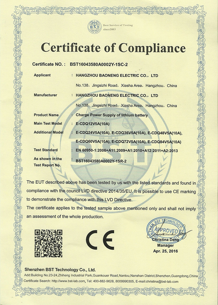 CE Certificate (Certificate of compliance) for PowerStar Charger
